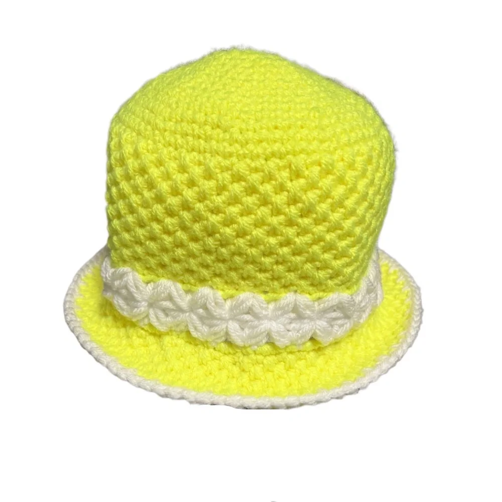 Yellow Flower Baby Bucket Hat Handmade Crochet - Picture 7 of 8